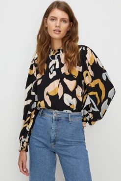 Hot Oasis Abstract Animal Printed Shirred Cuff Top Black