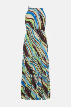 Discount Oasis Abstract Metallic Stripe Halter Tiered Midi Dress Multi