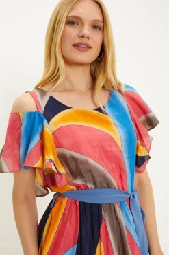 Clearance Oasis Abstract Print Belted Cold Shoulder Midi Dress Pink
