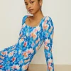 Online Oasis Abstract Rib Square Neck Midi Dress Blue