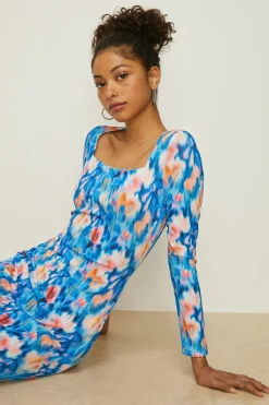 Online Oasis Abstract Rib Square Neck Midi Dress Blue
