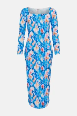 Online Oasis Abstract Rib Square Neck Midi Dress Blue
