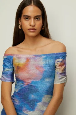 Clearance Oasis Abstract Shimmer Jersey Bardot Midi Dress Blue