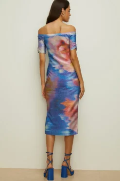 Clearance Oasis Abstract Shimmer Jersey Bardot Midi Dress Blue