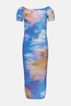 Clearance Oasis Abstract Shimmer Jersey Bardot Midi Dress Blue