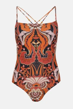 New Oasis All Over Printed Double Strap Swimsuit Red Orange