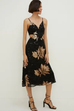 Outlet Oasis All Over Sequin Strappy Tie Back Midi Dress Black