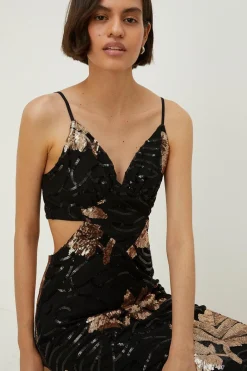 Outlet Oasis All Over Sequin Strappy Tie Back Midi Dress Black