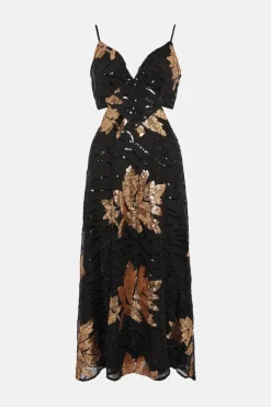 Outlet Oasis All Over Sequin Strappy Tie Back Midi Dress Black