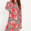 New Oasis Animal Floral Trim Detail Shirred Cuff Midi Dress Multi