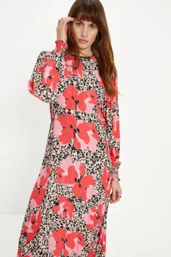New Oasis Animal Floral Trim Detail Shirred Cuff Midi Dress Multi
