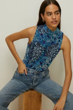 Hot Oasis Animal Funnel Neck Mesh Top Blue