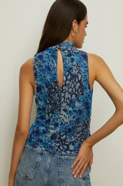 Hot Oasis Animal Funnel Neck Mesh Top Blue