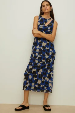 Outlet Oasis Animal Mesh Asymmetric Cut Out Midi Dress Blue