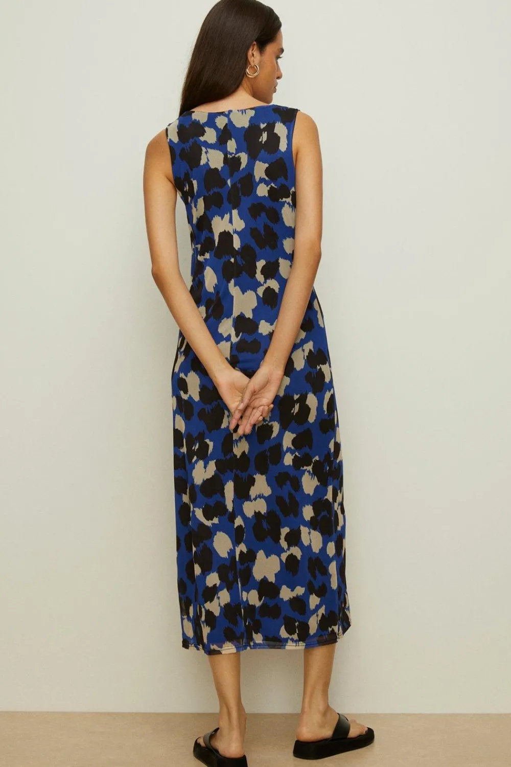 Outlet Oasis Animal Mesh Asymmetric Cut Out Midi Dress Blue