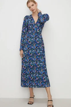 Hot Oasis Animal Pleated V Neck Midi Dress Cobalt