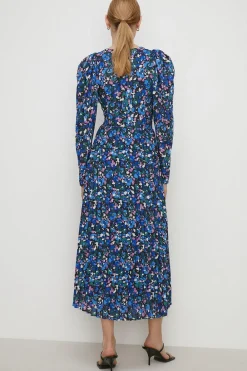 Hot Oasis Animal Pleated V Neck Midi Dress Cobalt