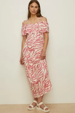 Sale Oasis Animal Printed Bardot Maxi Dress Pink
