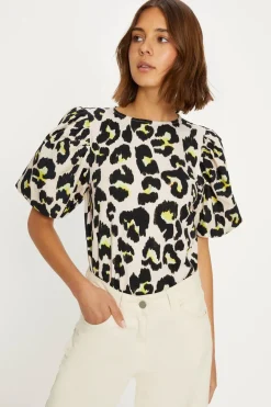 Sale Oasis Animal Printed Woven Mix Puff Sleeve Tshirt Multi