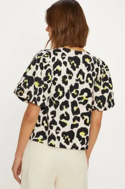 Sale Oasis Animal Printed Woven Mix Puff Sleeve Tshirt Multi
