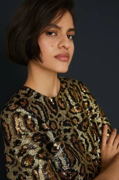 Clearance Oasis Animal Sequin Boxy Short Sleeve T-Shirt Metallic Gold