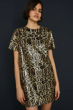 New Oasis Animal Sequin Short Sleeve T-Shirt Mini Dress Metallic Gold