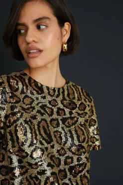 New Oasis Animal Sequin Short Sleeve T-Shirt Mini Dress Metallic Gold