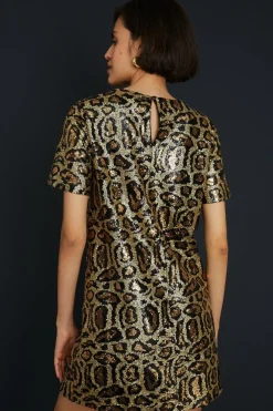 New Oasis Animal Sequin Short Sleeve T-Shirt Mini Dress Metallic Gold
