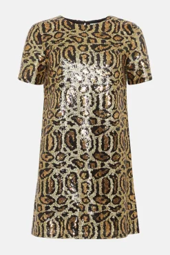 New Oasis Animal Sequin Short Sleeve T-Shirt Mini Dress Metallic Gold