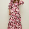 Sale Oasis Artbox Floral Tie Cuff Printed Midi Dress Pink