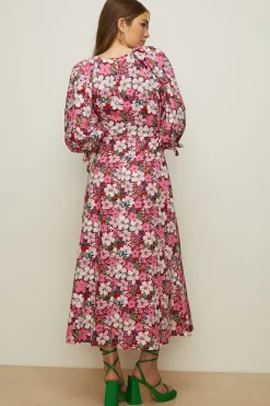 Sale Oasis Artbox Floral Tie Cuff Printed Midi Dress Pink