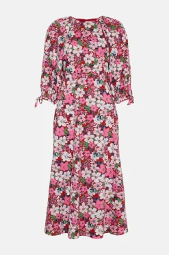 Sale Oasis Artbox Floral Tie Cuff Printed Midi Dress Pink