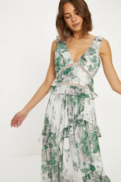 Clearance Oasis Asymmetric Ruffle Lace Vintage Floral Midi Dress Ivory