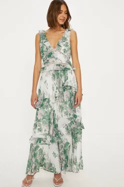 Clearance Oasis Asymmetric Ruffle Lace Vintage Floral Midi Dress Ivory