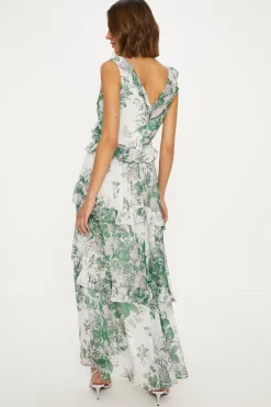 Clearance Oasis Asymmetric Ruffle Lace Vintage Floral Midi Dress Ivory