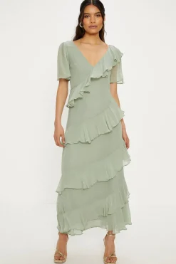 Best Oasis Asymmetric Ruffle Tiered Angel Sleeve Midi Dress Sage