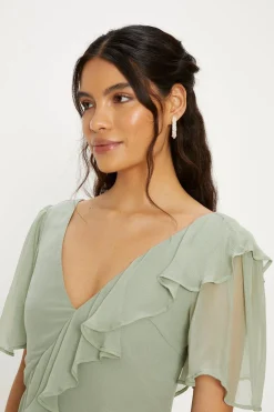Best Oasis Asymmetric Ruffle Tiered Angel Sleeve Midi Dress Sage
