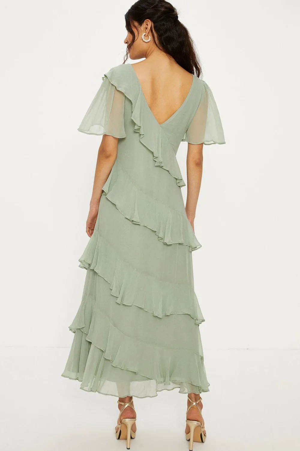 Best Oasis Asymmetric Ruffle Tiered Angel Sleeve Midi Dress Sage