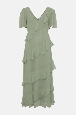 Best Oasis Asymmetric Ruffle Tiered Angel Sleeve Midi Dress Sage