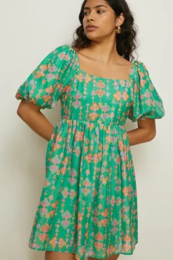 Online Oasis Aztec Printed Square Neck Mini Dress Green