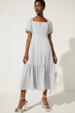 Online Oasis Bardot Ruched Front Midi Dress Pale Blue