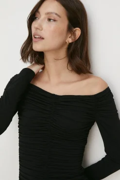 Clearance Oasis Bardot Ruched Mesh Bodycon Mini Dress Black