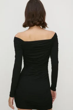Clearance Oasis Bardot Ruched Mesh Bodycon Mini Dress Black