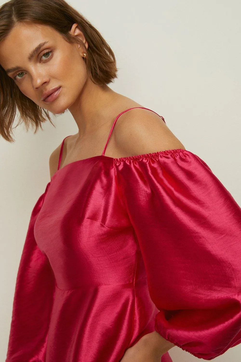 Best Oasis Bardot Satin Twill Mini Aline Dress Bright Pink