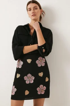 New Oasis Beaded Floral Heart Aline Skirt Black