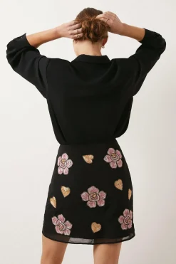 New Oasis Beaded Floral Heart Aline Skirt Black