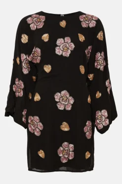 Best Oasis Beaded Floral Heart Flared Sleeve Aline Dress Black