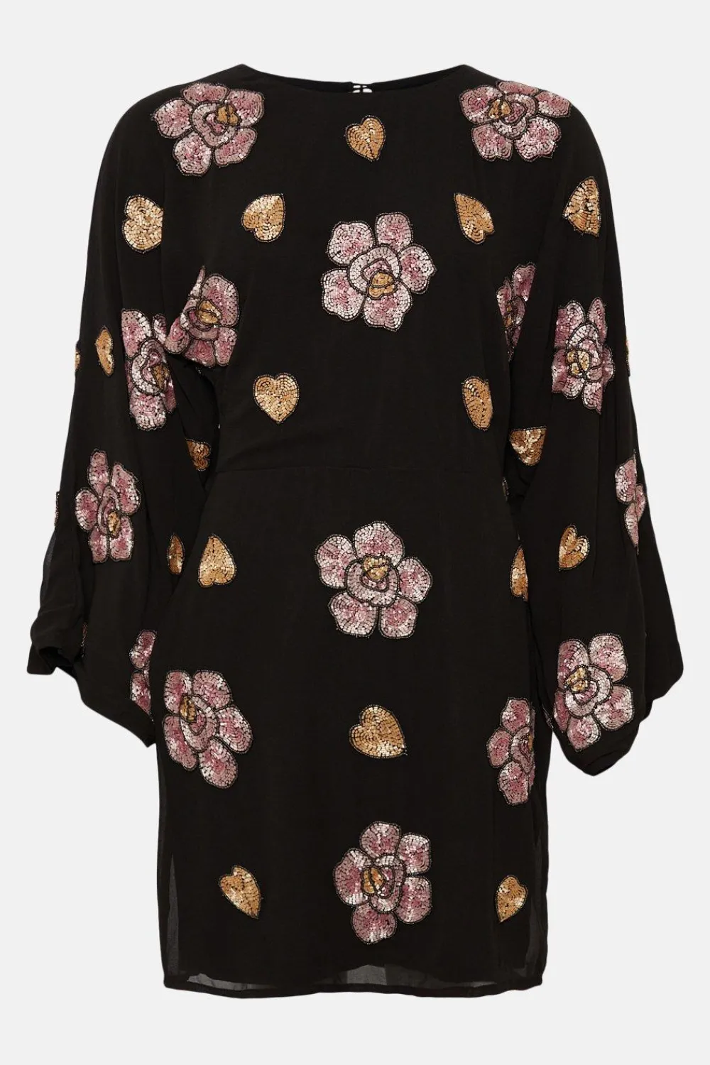 Best Oasis Beaded Floral Heart Flared Sleeve Aline Dress Black
