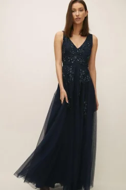 Clearance Oasis Beaded Flower V Plunge Tulle Maxi Dress Navy