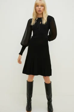 Outlet Oasis Belted Chiffon Blouson Sleeve Knitted Dress Black